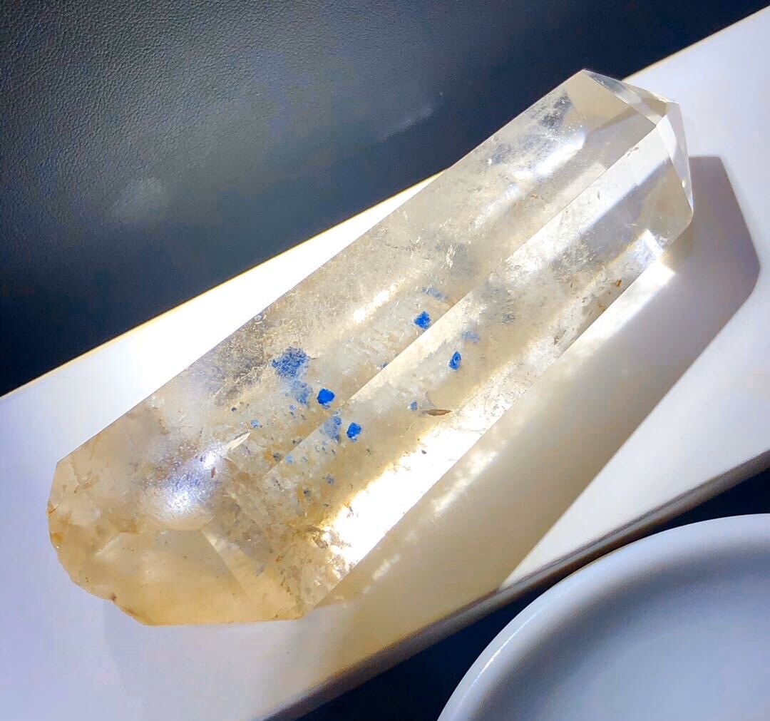 珍贵天然巴西老矿立体全包金字塔幽灵共生蓝色宝石晶柱原石摆件