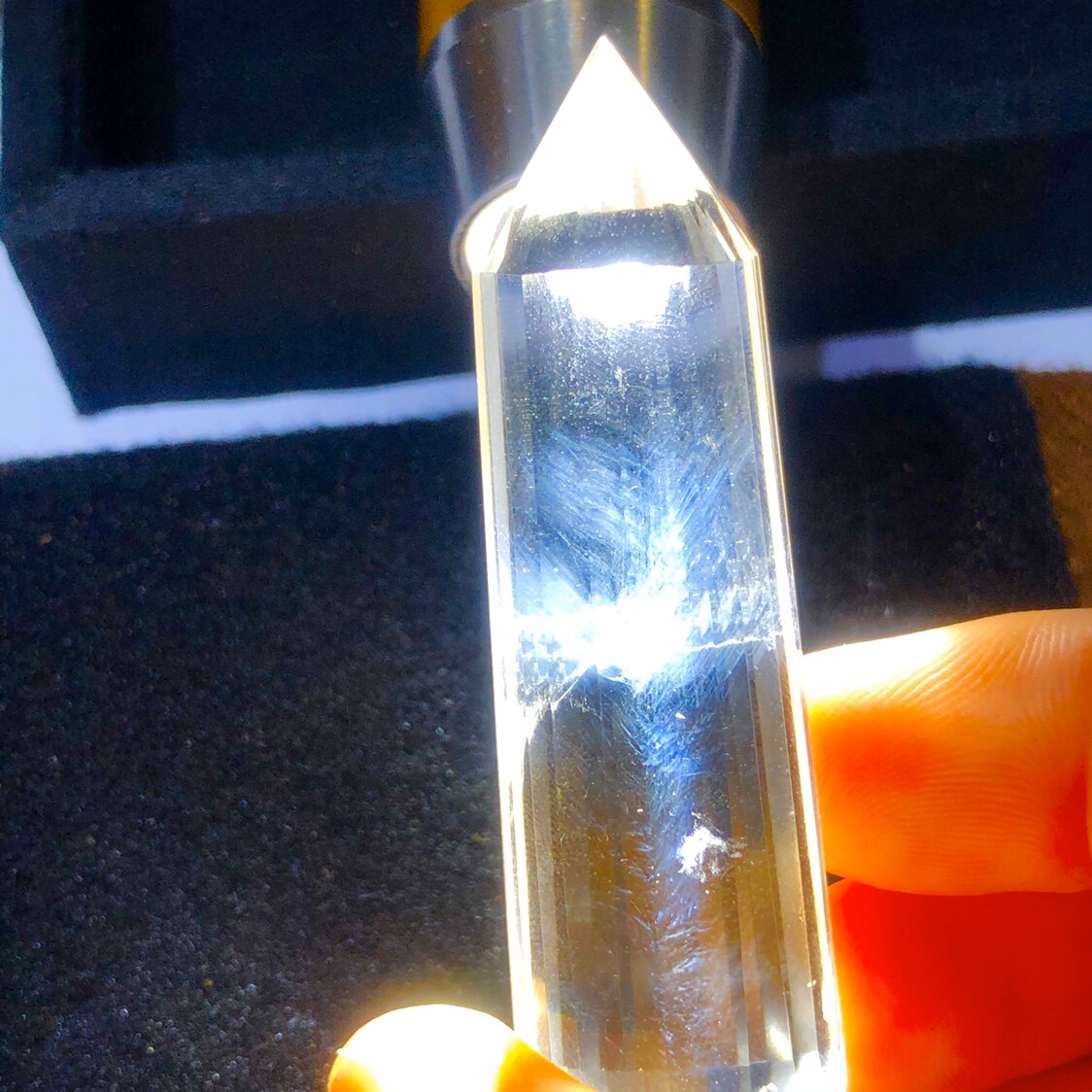 好货天然蓝针双尖水晶柱把玩天使奇石
