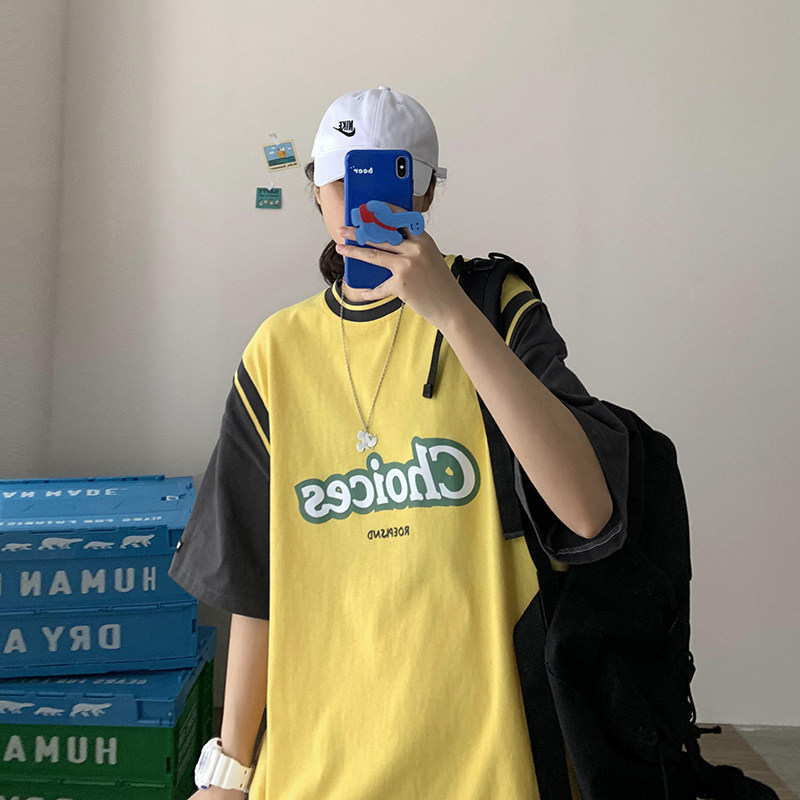 假兩件字母印花短袖T恤寬鬆百搭休閒上衣