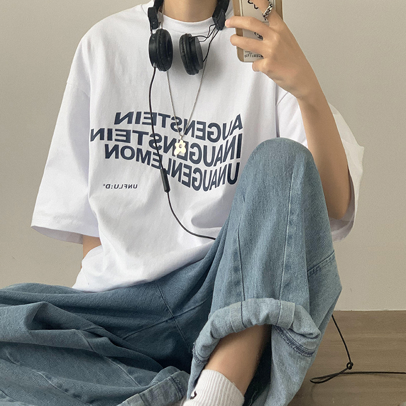 Letter short sleeve T-shirt summer Hong Kong style casual Quarter Sleeve loose half sleeve