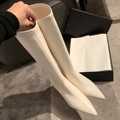 韩版 by白色长靴女不过膝尖头粗跟弹力中跟加绒高筒长靴骑士靴子潮