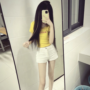 社会女套装网红同款夏季气质辣妹a字牛仔短裤高腰显瘦直筒短裤女