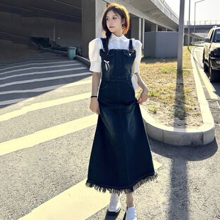 韩版设计感盐系显瘦修身背带连衣裙子女学生+泡泡袖衬衫两件套装
