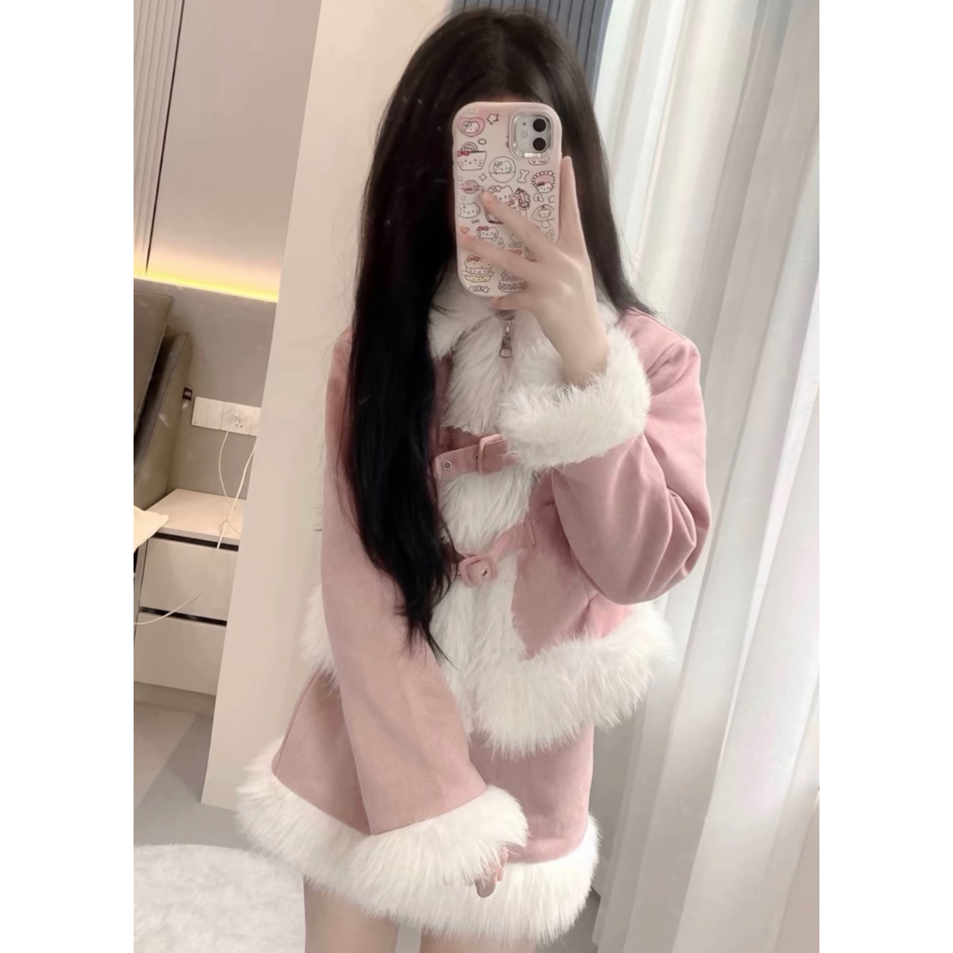 甜美粉色气质名媛套装女温柔加厚毛呢保暖外套+高腰半身裙两件套