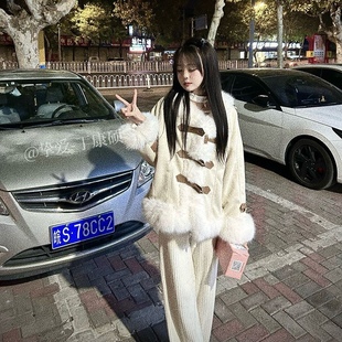 社会女衣服快手网红同款冬季新款加厚鹿皮绒拼接毛毛皮草外套大衣