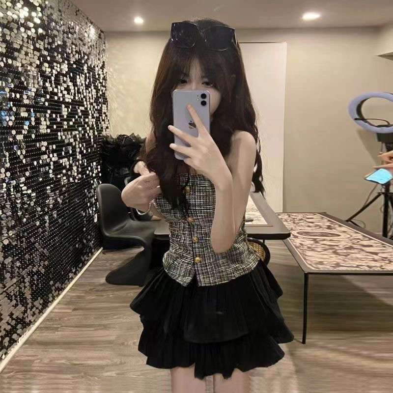 精神小妹快手网红同款套装夏网红同款抹胸短款上衣蓬蓬蛋糕裙甜辣