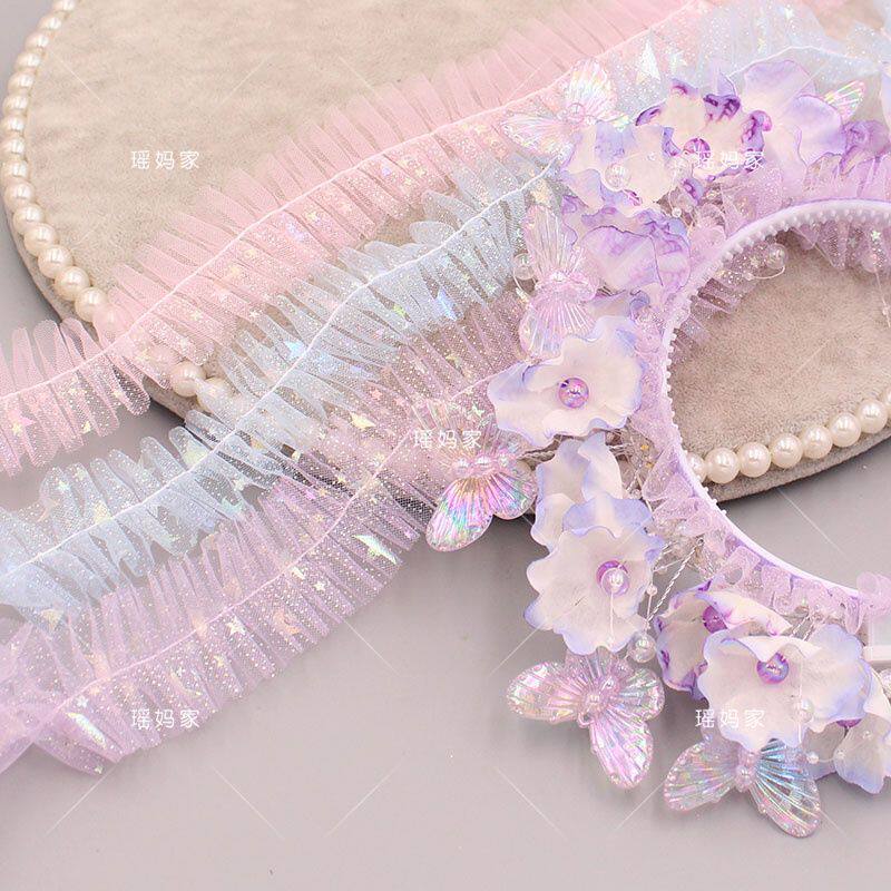 4厘米幻彩五角星打皱纱发箍团扇花边包边纱diy手工装饰包边纱带