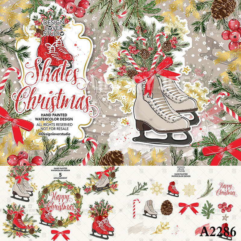 手绘水彩圣诞节溜冰鞋松枝雪花糖果花环卡片海报PNG免扣设计素材