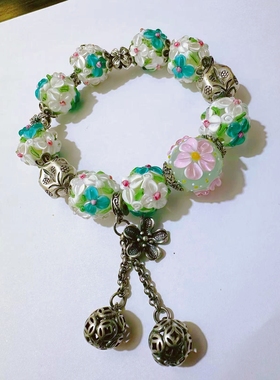 原创设计琉璃珠编织琉璃花珠银饰小花手链春夏