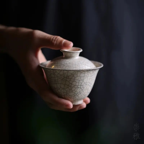 霖松堂聚源开片草木灰盖碗/皮球花盖碗110cc茶具复古