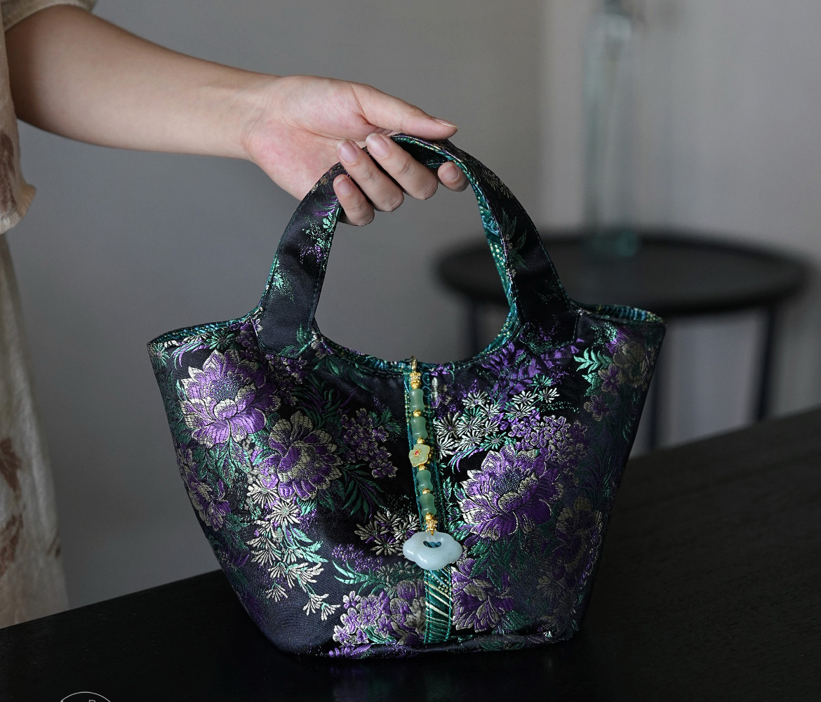 慢蓝织锦菜篮子包紫色万花16 x 19 x 30 cm