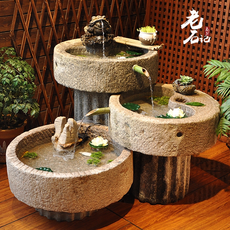 老石磨流水组合景观摆件石器旧磨盘石槽鱼缸花盆户外养鱼庭院装饰