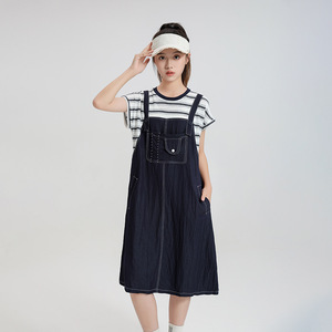 女大童连衣裙夏季2026新款微胖女孩初中生青少年假两件轻薄显瘦裙