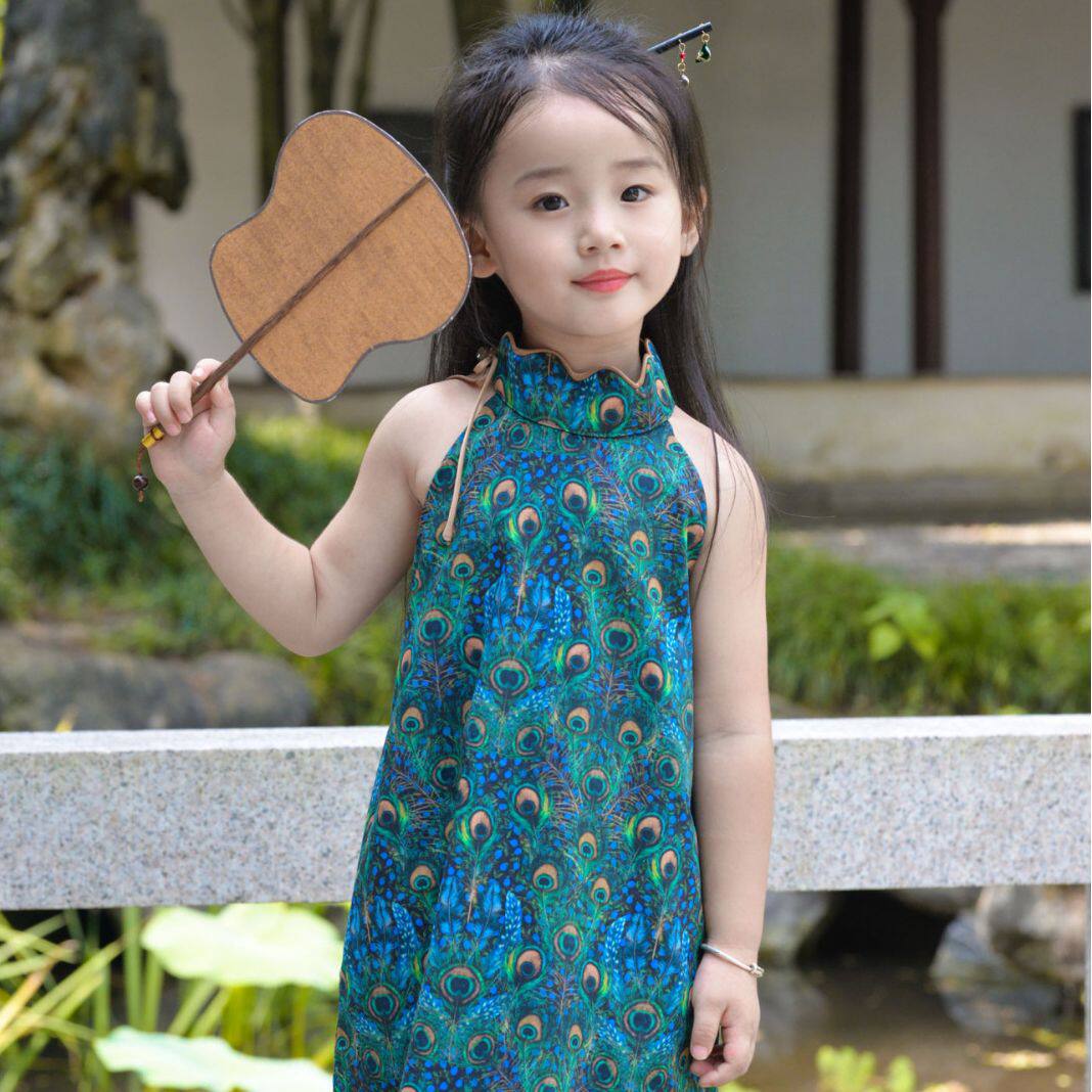 儿童旗袍绿色羽毛纯棉无袖连衣裙2026夏季女童复古国风宝宝小旗袍