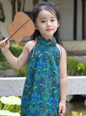 儿童旗袍绿色羽毛纯棉无袖连衣裙2026夏季女童复古国风宝宝小旗袍