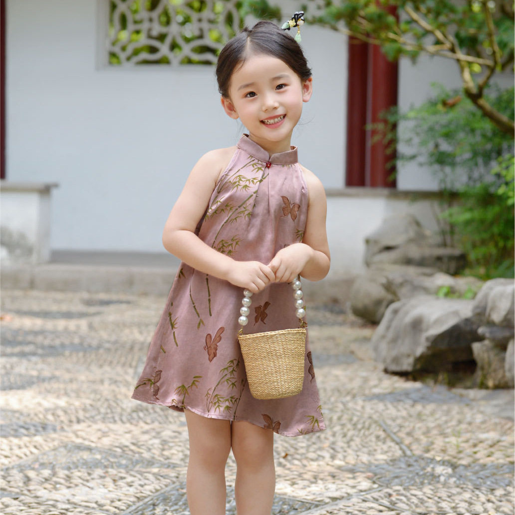 香云纱旗袍女宝宝夏季薄款2026女童国风套装小公主挂脖旗袍连衣裙