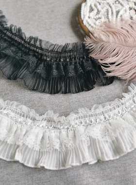 8cm弹力蕾丝压褶皱裙摆窗帘幔床娃衣服服装黑白色蕾丝布料花边辅