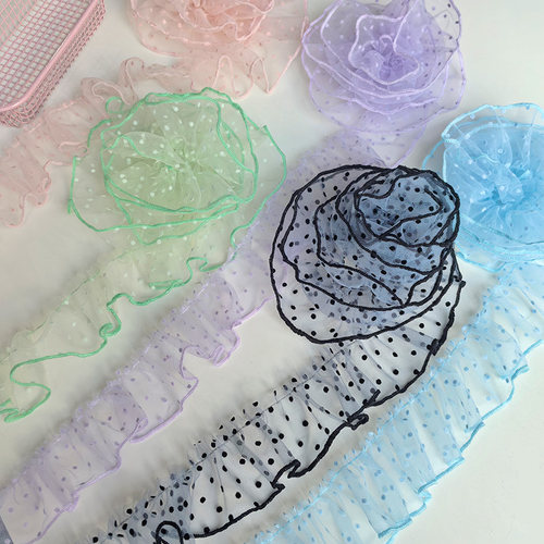 原创植绒波点网纱褶皱花边辅料DIY 裙摆娃衣衣领宠物礼服家纺装饰