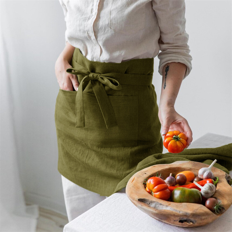 100%亚麻布艺系带围裙女半身款厨房防油防污烘焙咖啡店工作服纯色