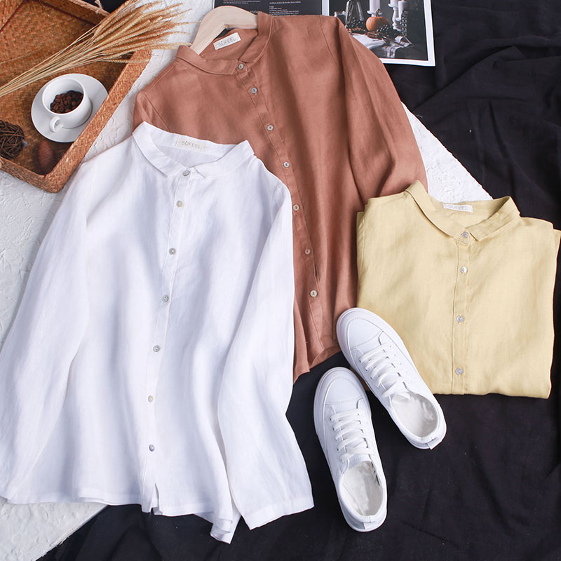 夏季法国水洗亚麻衬衫女柔软飘逸