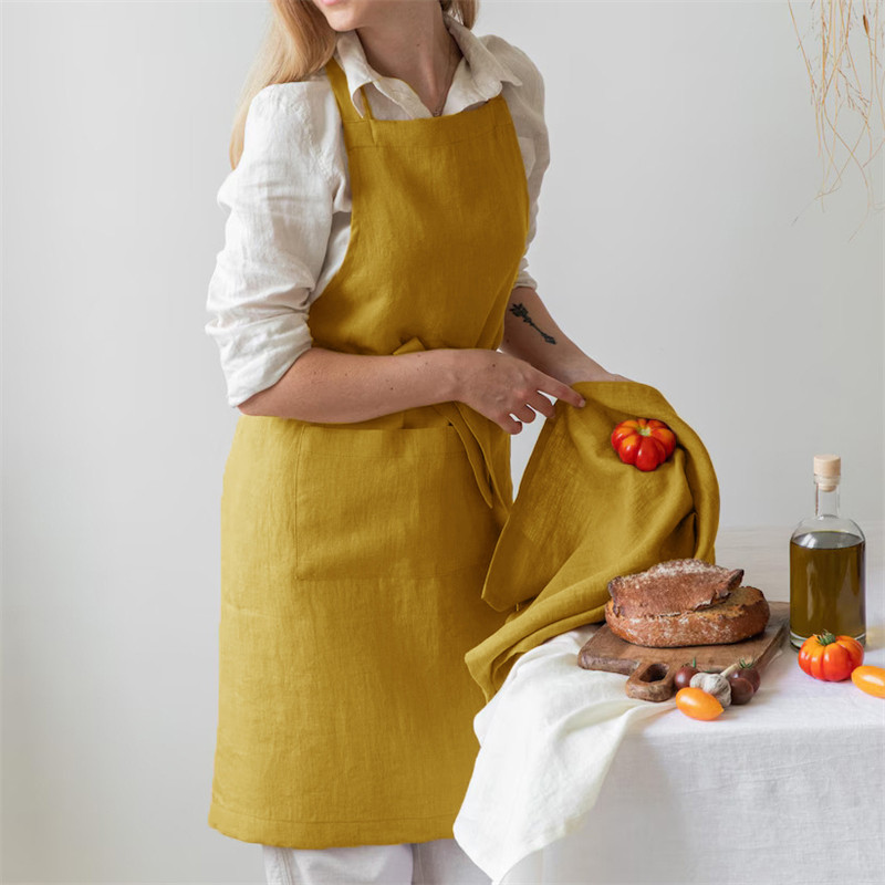 亚麻布艺简约纯色烘焙围裙长款厨房做饭防脏咖啡店工装挂脖全身款