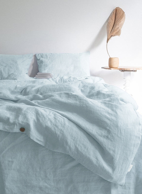 苏抚天蓝色进口原料亚麻四件套床上用品纯色被套床品棉麻床单被u.