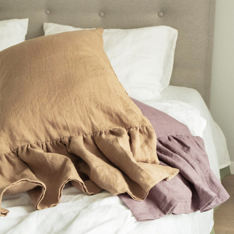 春夏季复古水洗亚麻鱼尾枕套成人纯色单人枕头套枕芯套除螨抑菌