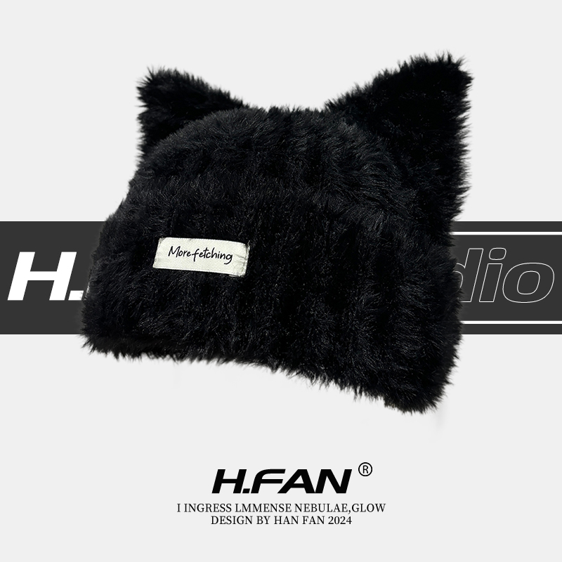 甜美可爱小猫耳朵毛绒帽子女2024冬季日系学生保暖护耳冷帽毛线帽
