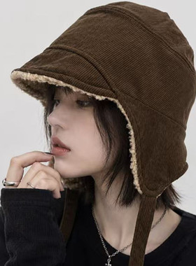 双面戴灯芯绒护耳飞行帽女秋冬大头围骑行防风保暖毛绒雷锋帽子潮