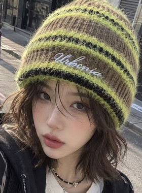 韩国潮牌撞色条纹针织帽女秋冬保暖弹力毛线帽户外百搭显脸小冷帽