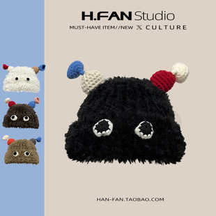 日系可爱搞怪触角毛绒帽子女冬季加厚保暖护耳帽毛茸茸显脸小学生