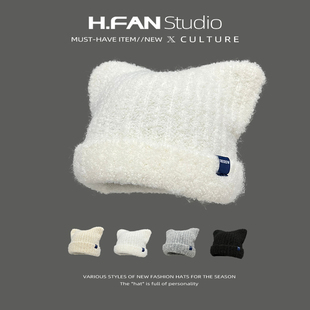 韩国新款可爱猫耳朵软毛绒针织帽冷帽毛线帽子女时尚百搭包头帽潮