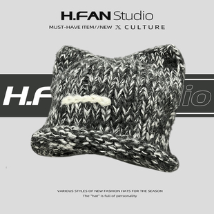 混色夹灰针织猫耳朵毛线帽子女冬季保暖护耳套头帽显脸小复古冷帽