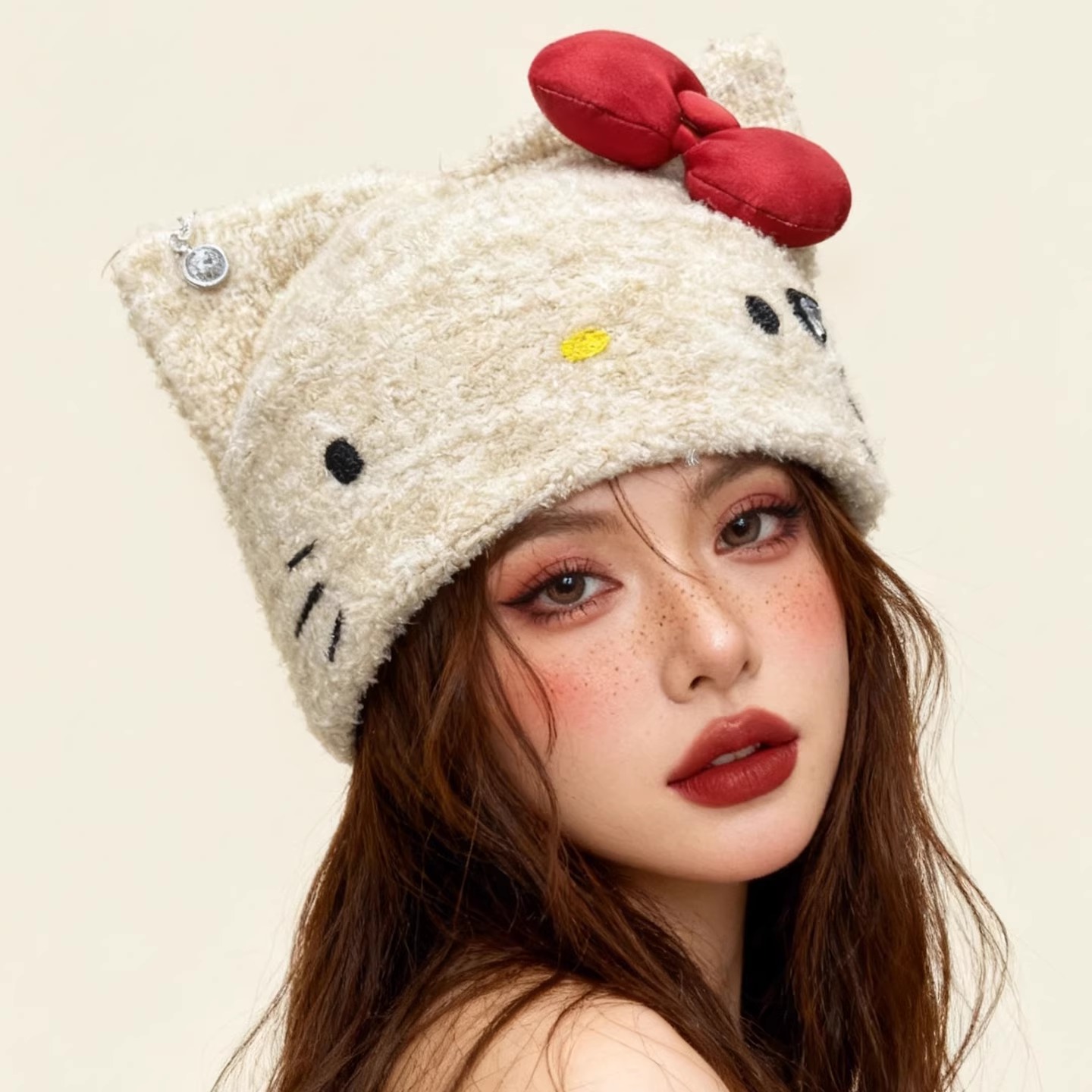 蝴蝶结KT帽耳朵针织护耳帽女冬季可爱百搭减龄学生保暖冷帽毛线帽