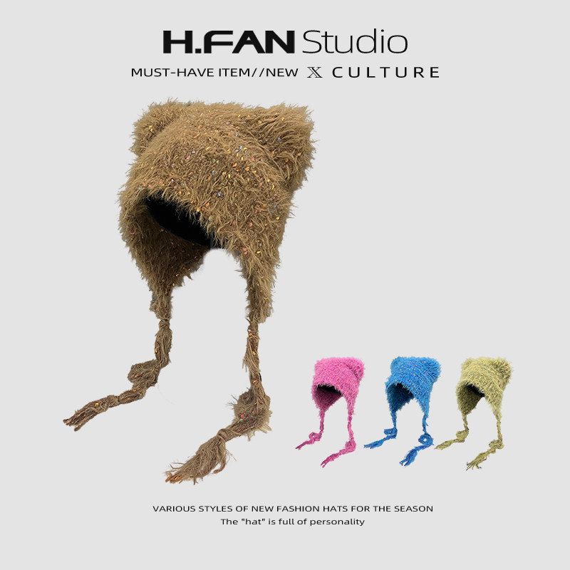 彩虹糖豆豆小熊帽子女韩国可爱百搭甜美系带雷锋帽包头护耳针织帽