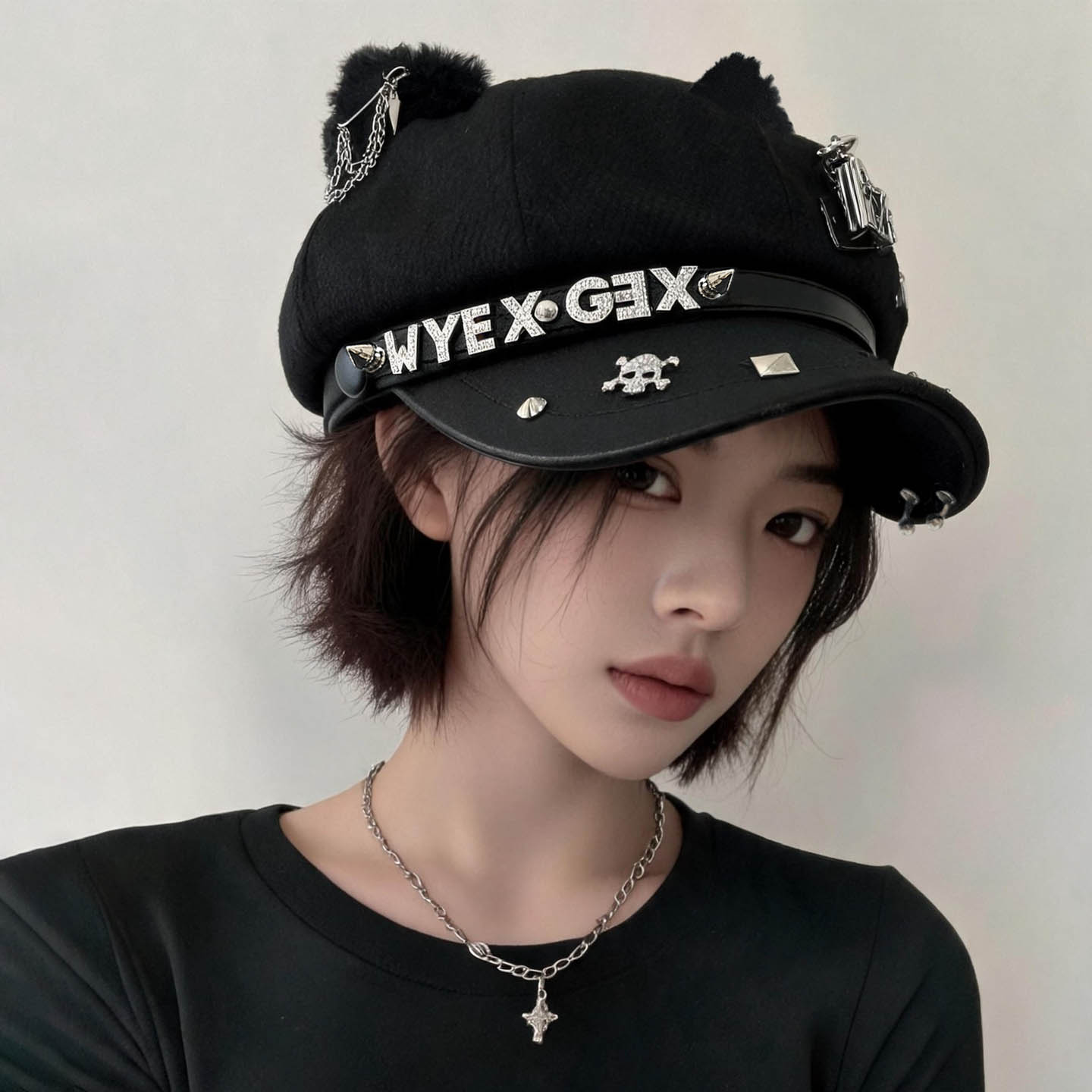 原创亚文化朋克铆钉猫耳小众百搭贝雷帽子女宅系甜酷显脸小八角帽