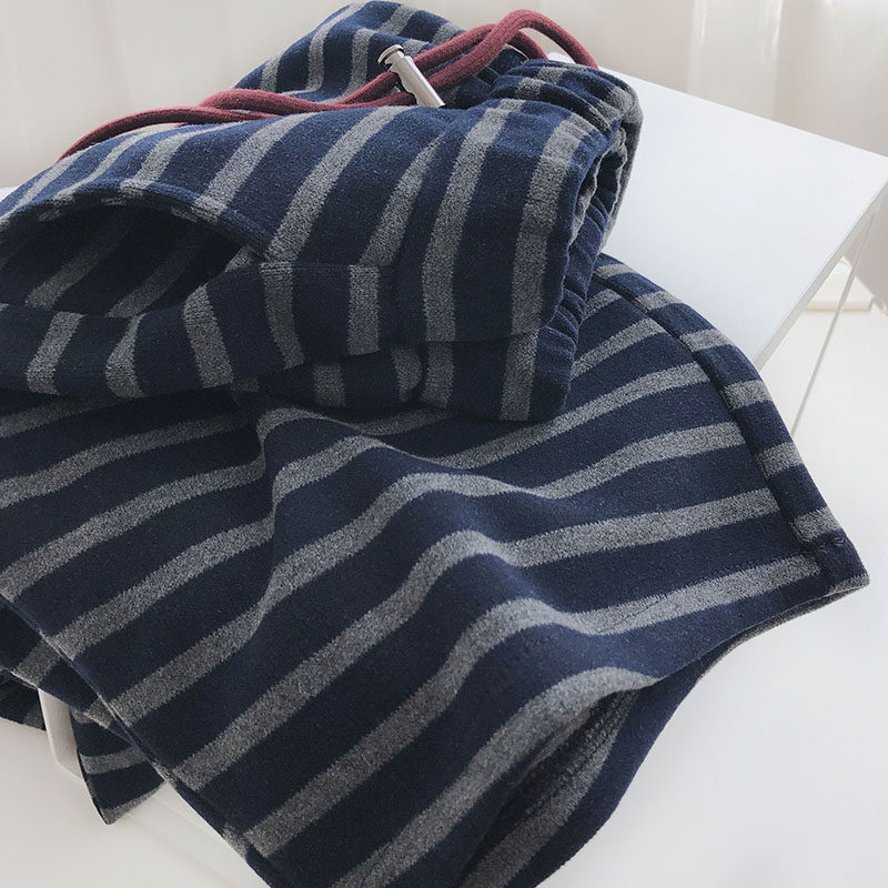 JU显瘦！厚实藏青条纹裤女秋冬宽松高腰直筒休闲阔腿裤学生拖地裤