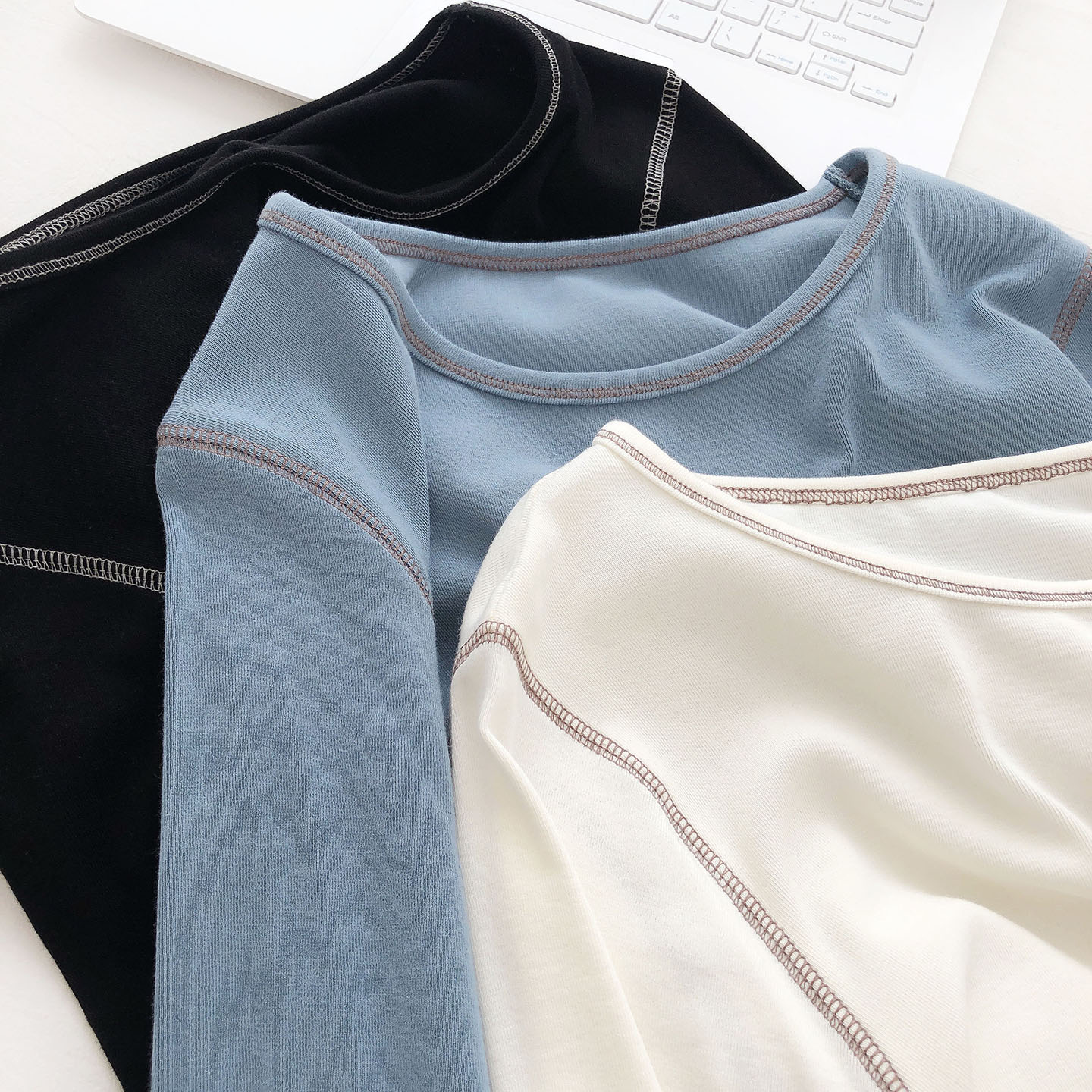 软绵舒适厚实圆领长袖t恤女秋冬