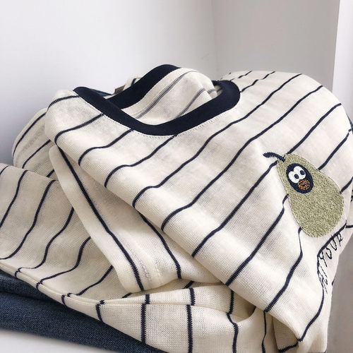 轻薄竹节棉刺绣短袖显白T恤女夏