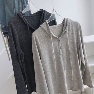 软糯薄款透气长袖连帽t恤女夏季学生宽松显瘦防晒针织衫慵懒上衣