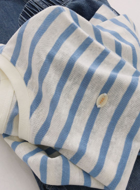 轻薄透气条纹竹节棉小个子纽扣短袖t恤女显白蓝色宽松正肩上衣夏