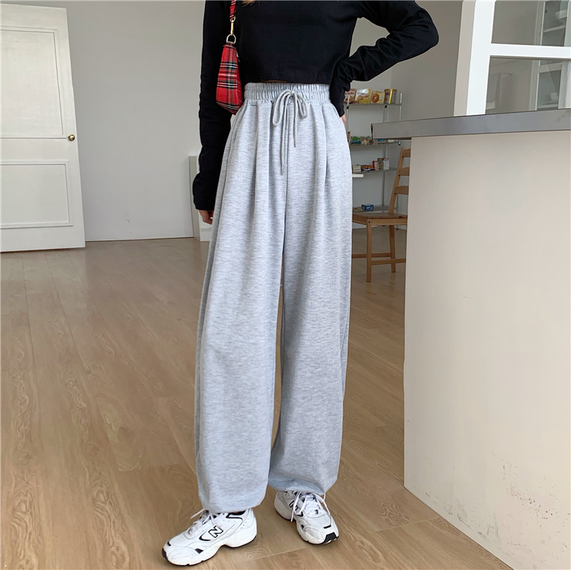 Real shot elastic waist drawstring casual pants women's Korean version loose and versatile solid wide leg legged pants