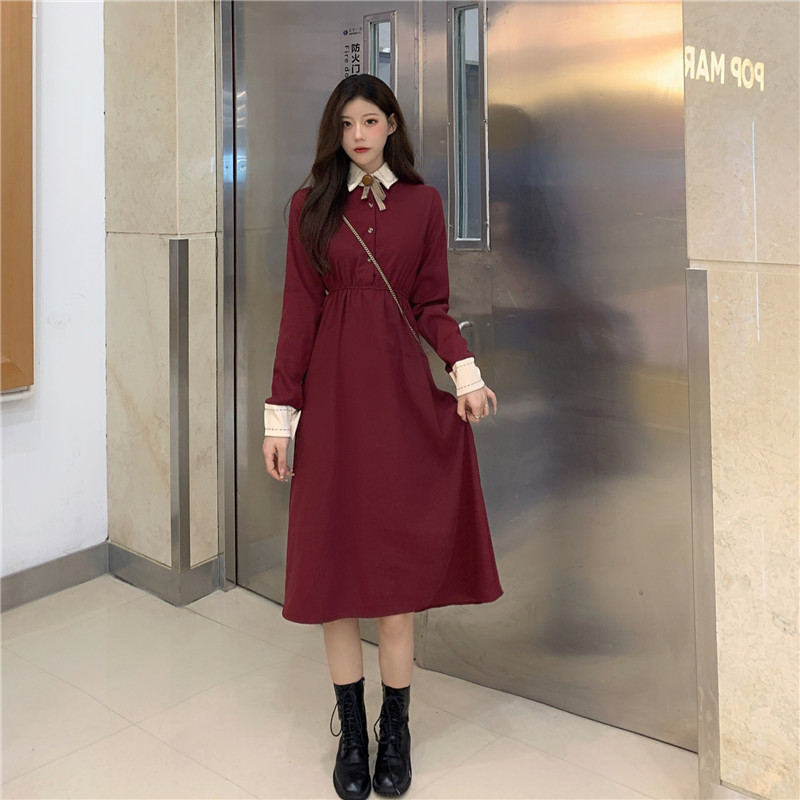 Large size women's French retro waist slim medium length color matching long sleeve dress hidden meat red dress