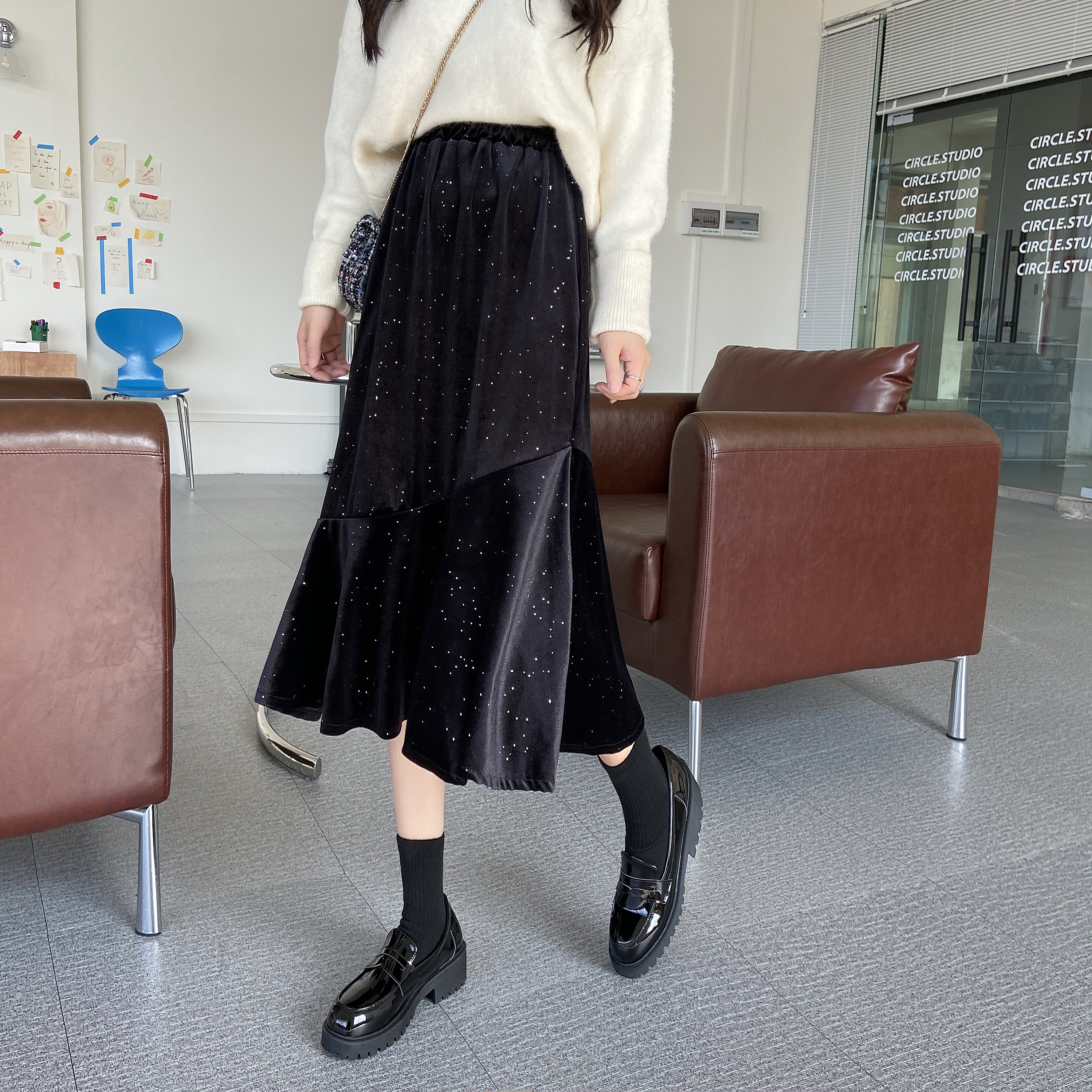 Star Spangled velvet skirt children fat mm medium length high waist slim skirt for women winter with sweater