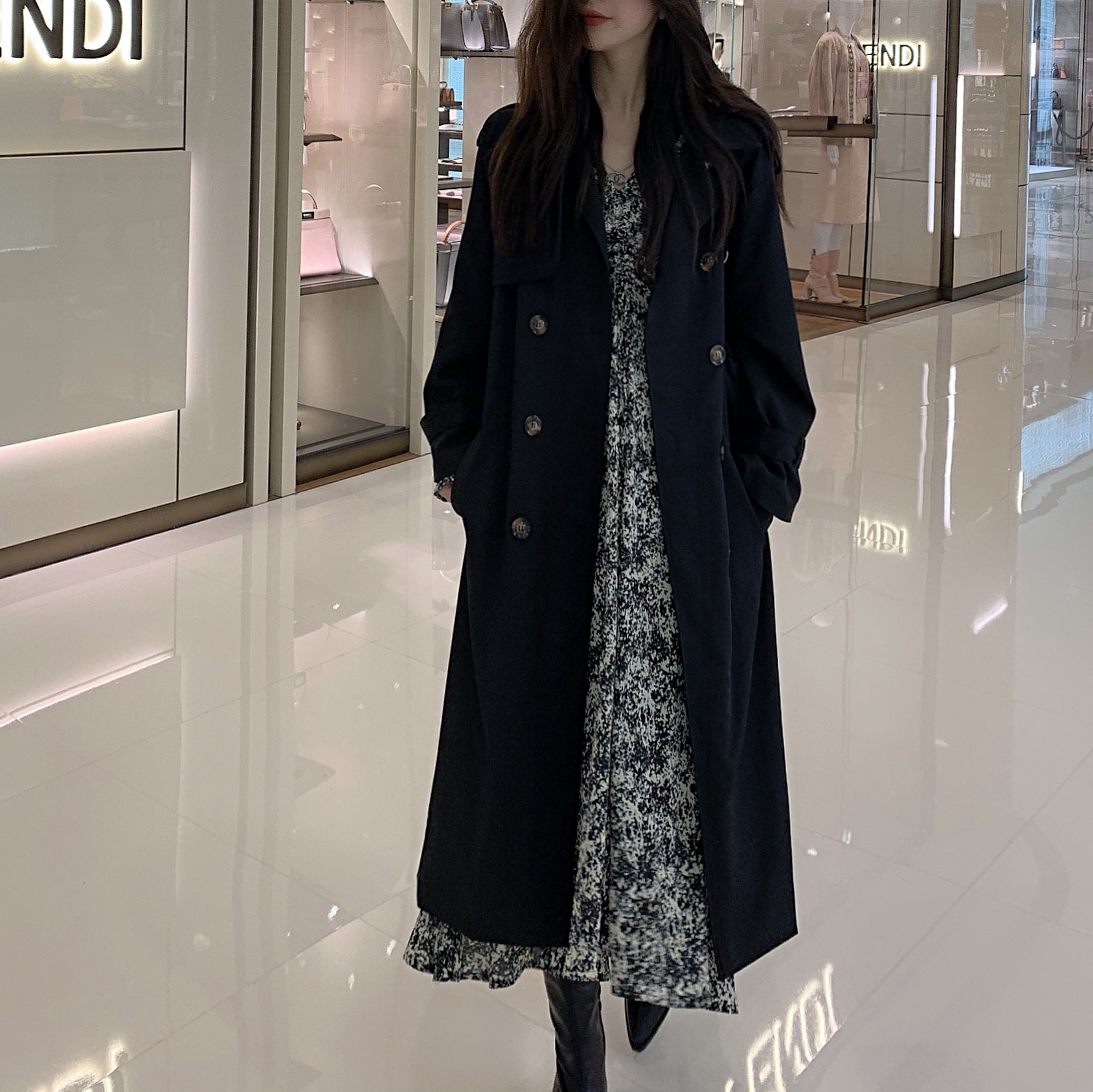 Real shot large women's double breasted lace up waist long windbreaker coat + belly covering Floral Dress