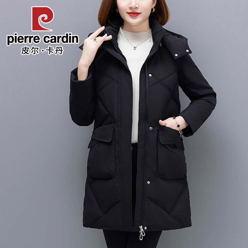 皮尔卡丹中长款羽绒服女2025秋冬新款时尚修身脱卸帽加厚休闲外套