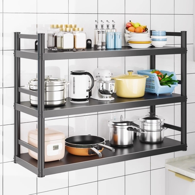 家用厨房壁挂带护栏置物架黑色碳钢挂墙碗调料收纳吊架烤漆两三层