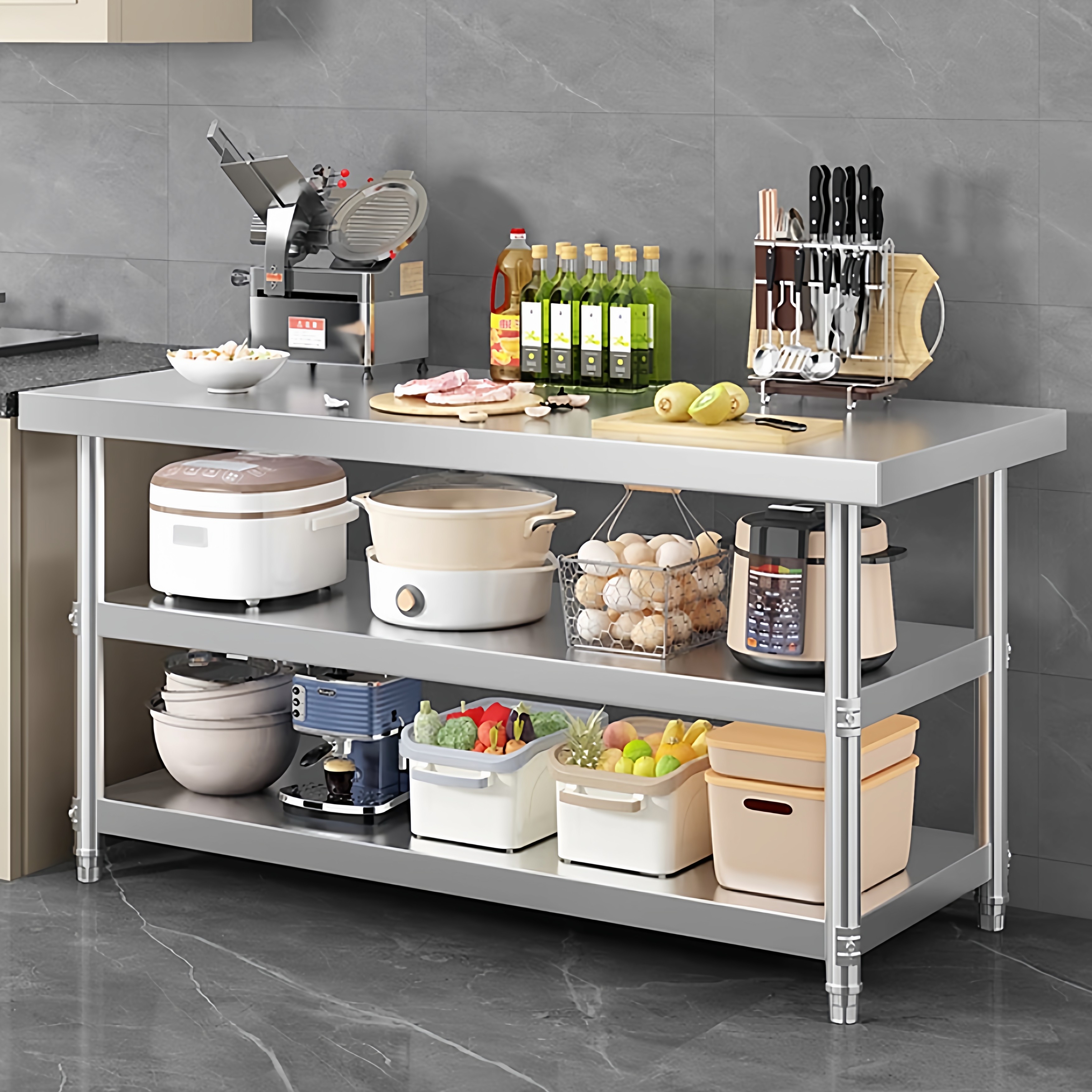 加厚不锈钢工作台商用两三层置物操作台饭店打包荷白钢台面切菜桌,家装主材,商用厨房操作台/工作台,淘宝优惠券,粉丝福利购,淘宝优惠卷