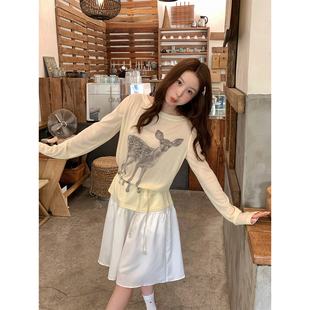 钟一诺 小鹿印花微透防晒罩衫女夏季宽松显瘦空调衫薄款长袖T恤