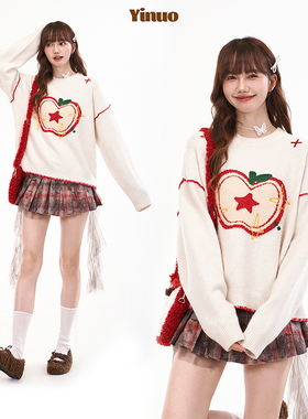 钟一诺 苹果提花圆领毛衣女秋冬软糯温柔风保暖慵懒显瘦针织衫